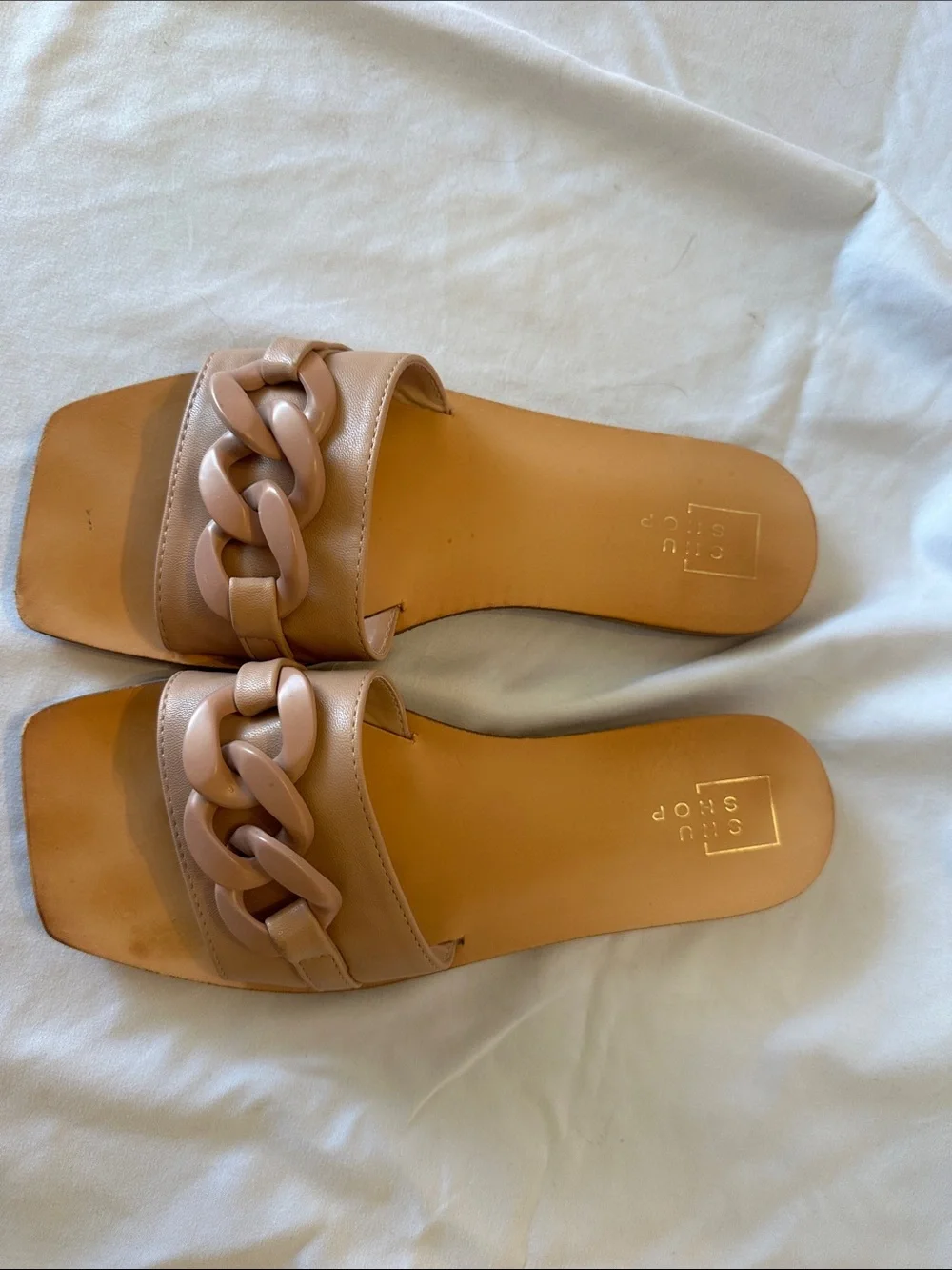 ShuShop Tan Chain-Accent Slide Sandals - Women